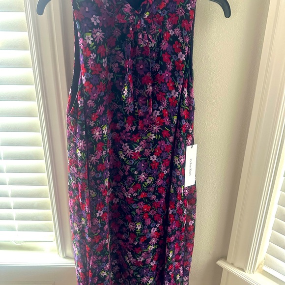 Calvin Klein $119 Tie Neck Sleeveless Black Floral Trapeze Dress Size 10 NWT - Picture 2 of 4